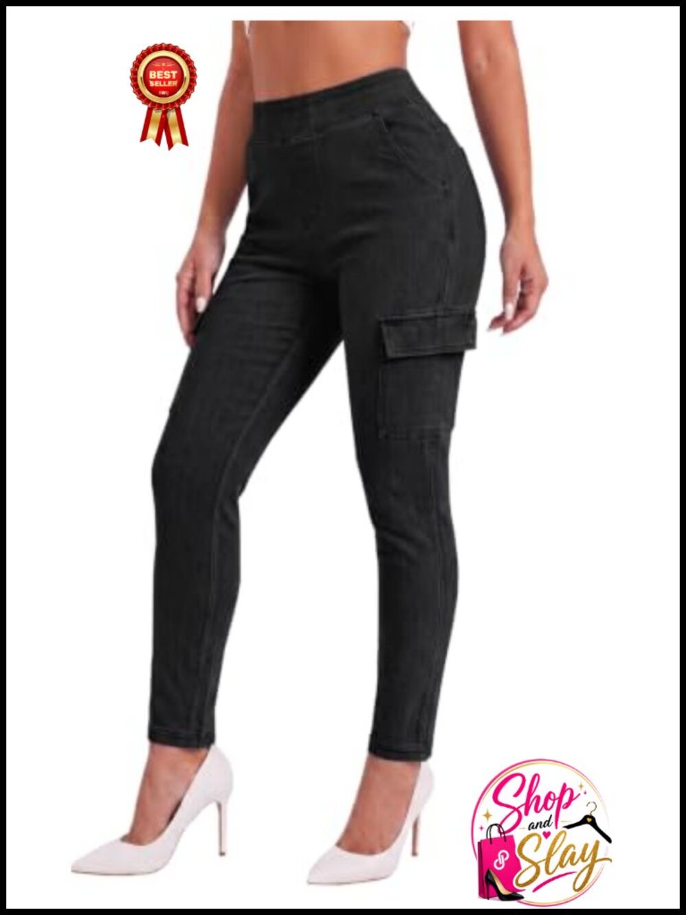 Skinny Cargo Jeans High Waisted Stretch Denim Pants Flap Pockets